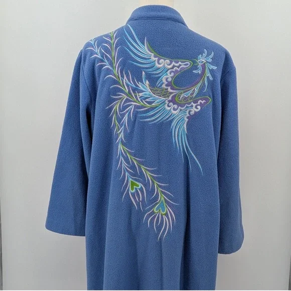 Boho Bob Mackie Wearable Art Peacock‎ Fleece Robe Sz. L Blue embroidered